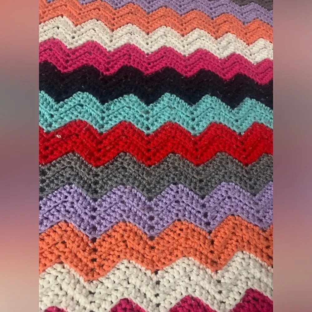 VTG Crochet Afghan Multi Color Hippie Boho Stripe Funky Large Blanket Chevron